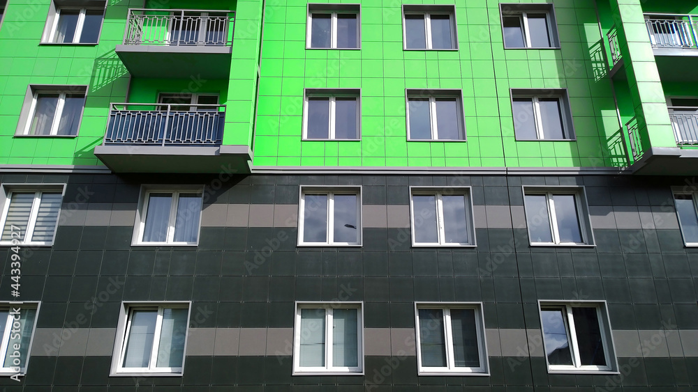 Curated visual reference: Photo Stock Facade Of New Multicolored Green Residential Building Photo Inspiration