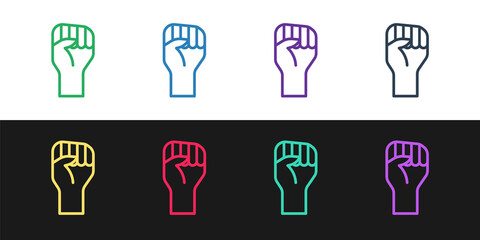 Sticker - Set line Raised hand with clenched fist icon isolated on black and white background. Protester raised fist at a political demonstration. Empowerment. Vector