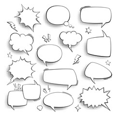 Fototapete - Speech bubbles. Vintage comics talk, cartoon forms, think and sound effects in bubble on halftone, retro empty frame with copy space, discussion banners in pop art style vector isolated set