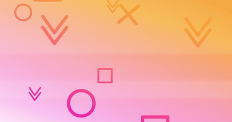 Orange and pink crosses squares circles and arrows falling downwards on a soft orange and pink backg