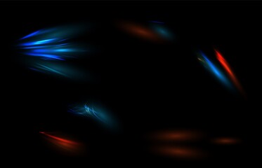 Trails light motion. High speed red and blue lights color effect, night motion blur. Futuristic abstract flash perspective road glow streaks, long time exposure vector isolated set