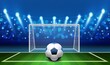 Penalty kick. Realistic soccer ball lying on grass front empty football goal, goalkeeper place, sport stadium with markup, lights on playground. Professional championship vector concept