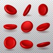 Red blood cells. Realistic 3d erythrocytes different angles collection, donor components, microscope magnified hemoglobin, biconcave shape. Health care vector isolated set