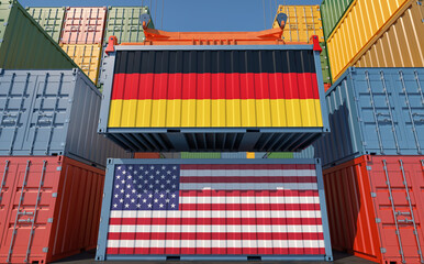 Wall Mural - Container Terminal. Two cargo Container with Germany and USA flags. 3D Rendering