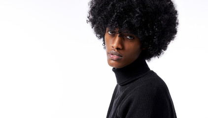 Wall Mural - Close-up portrait of young handsome black man with stylish afro isolated on white background