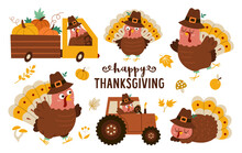 Vector Thanksgiving Turkey Set. X. Autumn Birds Icon. Fall Holiday Animal In Pilgrim Hat Pack Isolated On White Background. Gobblers Driving A Car With Pumpkins, Tractor, Sleeping, Running