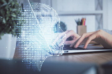 Fototapete - Double exposure of woman hands working on computer and brain hologram drawing. Ai concept.