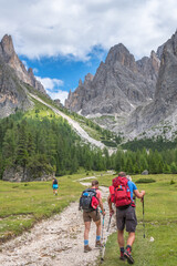 Wall Mural - people walking on a hiking trail to the mountains