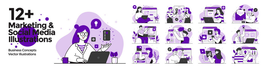 Poster - modern colorful marketing and social media concept illustration set