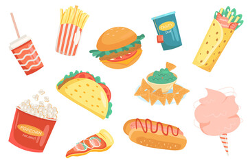 Fast food cute elements isolated set. Collection of fries, hamburger, cheeseburger, hot dog, burrito, nachos, popcorn, pizza, cotton candy and drink. Vector illustration in flat cartoon design