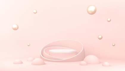 Wall Mural - Pink pedestal or podium with pearls on pastel pink background for product demonstration.  3D rendering.