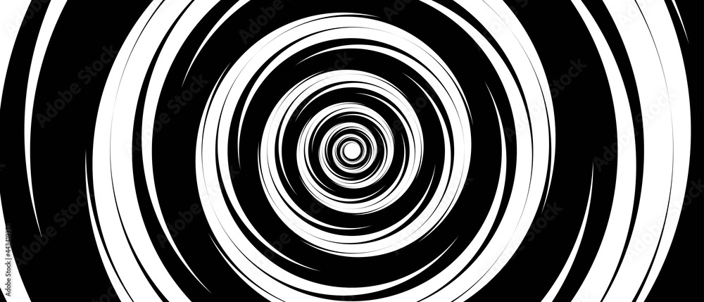 Grayscale abstract background. Design of a monochrome tunnel. The texture of circles twisted in a spiral, hypnosis. Design of a banner, a poster for a website, a frame for social networks. Vector - obrazy, fototapety, plakaty 