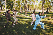 Four People Doing Tai Chi Exercises On Grass Outdoors