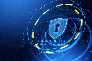 Glowing antivirus shield icon on blue web page background. Safety and protection concept. 3D Rendering.