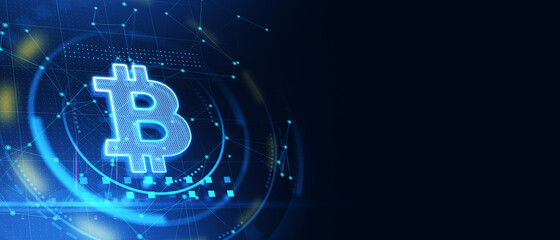 Poster - Abstract bitcoin interface in blue background with mockup place. Cryptocurrency and finance concept. 3D Rendering.