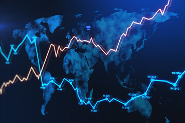 Aufkleber - Glowing forex graphic on dark background with map. Trade and market concept. 3D Rendering.