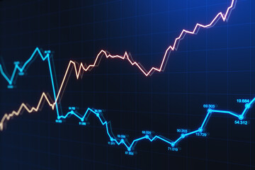 Aufkleber - Glowing forex graphic on dark background. Trade and market concept. 3D Rendering.