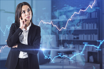 Thoughtful young businesswoman with abstract glowing forex chart in blurry office interior. Economy and fund management concept. Double exposure.