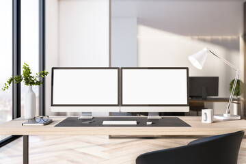 Poster - Two empty white computer screens on office desktop in interior with daytime city view. Corporate template. Mock up, 3D Rendering.
