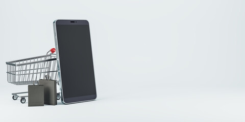 Poster - Blank black smartphone with cart and bags on light background. Online shopping and purchase concept. Mock up, 3D Rendering.