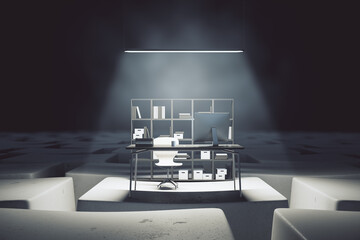 Aufkleber - Astract desktop with computer workplace on keyboard keys. Digital transformation and remote work concept. 3D Rendering.