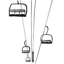 Empty Chairlift Silhouettes, Down Hill Skiing Lift. Ski Cable Lift Icons For Ski And Winter Sports. Design For Tourist Catalog, Maps Of The Ski Slopes, Placard, Brochure, Flyer, Booklet. Vector Illust