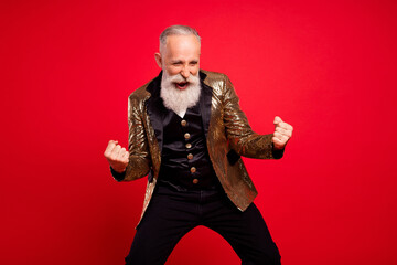 Sticker - Photo of amazed happy cheerful old man winner good mood celebrate isolated on red color background