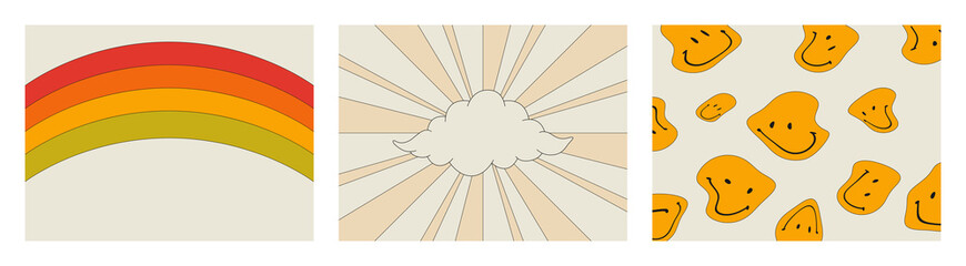 Wall Mural - a set of posters in the hippie style. a poster with a cloud, a rainbow, emoticons. vector illustrati