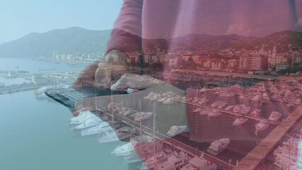 Poster - Animation of man using smartphone over cityscape