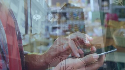 Poster - Animation of man using smartphone over cityscape