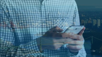 Poster - Animation of man using smartphone over cityscape