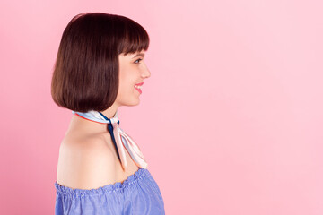 Poster - Side profile photo portrait of girl looking copyspace wearing blouse smiling isolated on pastel pink color background