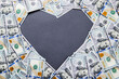 Heart shape in center of dollar money background from one hundred dollars