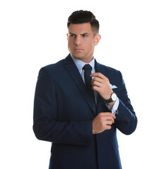 Handsome stylish man putting on cufflink against white background