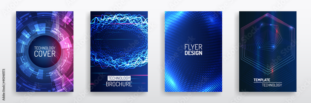 Blue layout futuristic brochures, flyers, placards. Contemporary science and digital technology concept. Vector template for brochure or cover with hi-tech elements background. - obrazy, fototapety, plakaty 