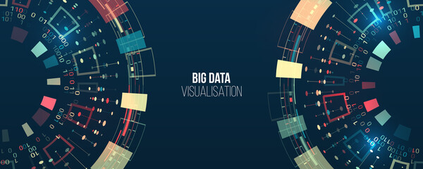 Wide Big data visualization. Information analytics concept. Abstract stream information with circles array and binary code. Filtering machine algorithms. Sorting data. Vector technology background.
