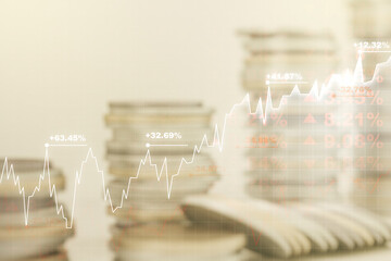 Poster - Double exposure of abstract creative financial chart hologram on growing stacks of coins background, research and strategy concept
