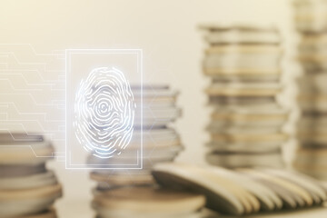 Aufkleber - Multi exposure of virtual graphic fingerprint sketch on coins background, fingerprint scan data concept