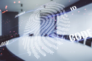 Poster - Abstract virtual fingerprint illustration on a modern coworking room background, personal biometric data concept. Multiexposure