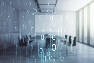 Poster - Abstract virtual binary code illustration on a modern conference room background. Big data and coding concept. Multiexposure