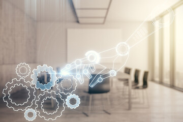 Aufkleber - Abstract virtual robotics technology hologram on a modern conference room background. Robot development and automation concept. Multiexposure