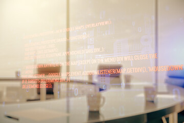 Poster - Abstract virtual coding concept on a modern conference room background. Multiexposure