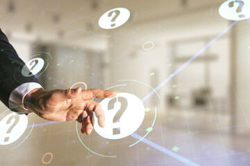 Aufkleber - Double exposure of male hand presses on abstract virtual question mark hologram on blurred office background. Sociology and psychology concept