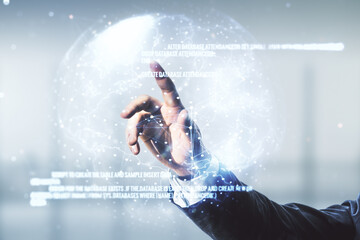 Aufkleber - Multi exposure of programmer's hand clicks on abstract graphic coding sketch and world map on blurred office background, big data and networking concept