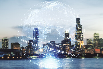 Poster - Multi exposure of abstract graphic coding sketch and world map on Chicago cityscape background, big data and networking concept