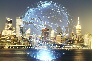 Poster - Double exposure of abstract creative programming illustration and world map on New York city office buildings background, big data and blockchain concept