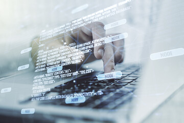 Poster - Multi exposure of abstract graphic coding sketch with hands typing on computer keyboard on background, big data and networking concept