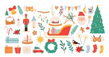 Christmas Cartoon Decorations And Toys. New Year And Merry Xmas Decor Elements, Nutcracker, Mistletoe, Socks And Santa Stickers Vector Set