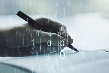 Leinwandbilder - Creative concept of binary code illustration and man hand writing in notebook on background. Big data and coding concept. Multiexposure