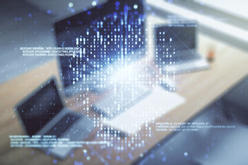 Poster - Creative code skull hologram and modern desktop with pc on background, cybercrime and hacking concept. Multiexposure